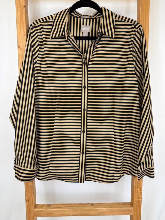 Chico’s Tops - Chicos Black and Tan Striped Button Up Long Sleeve Shirt Size L